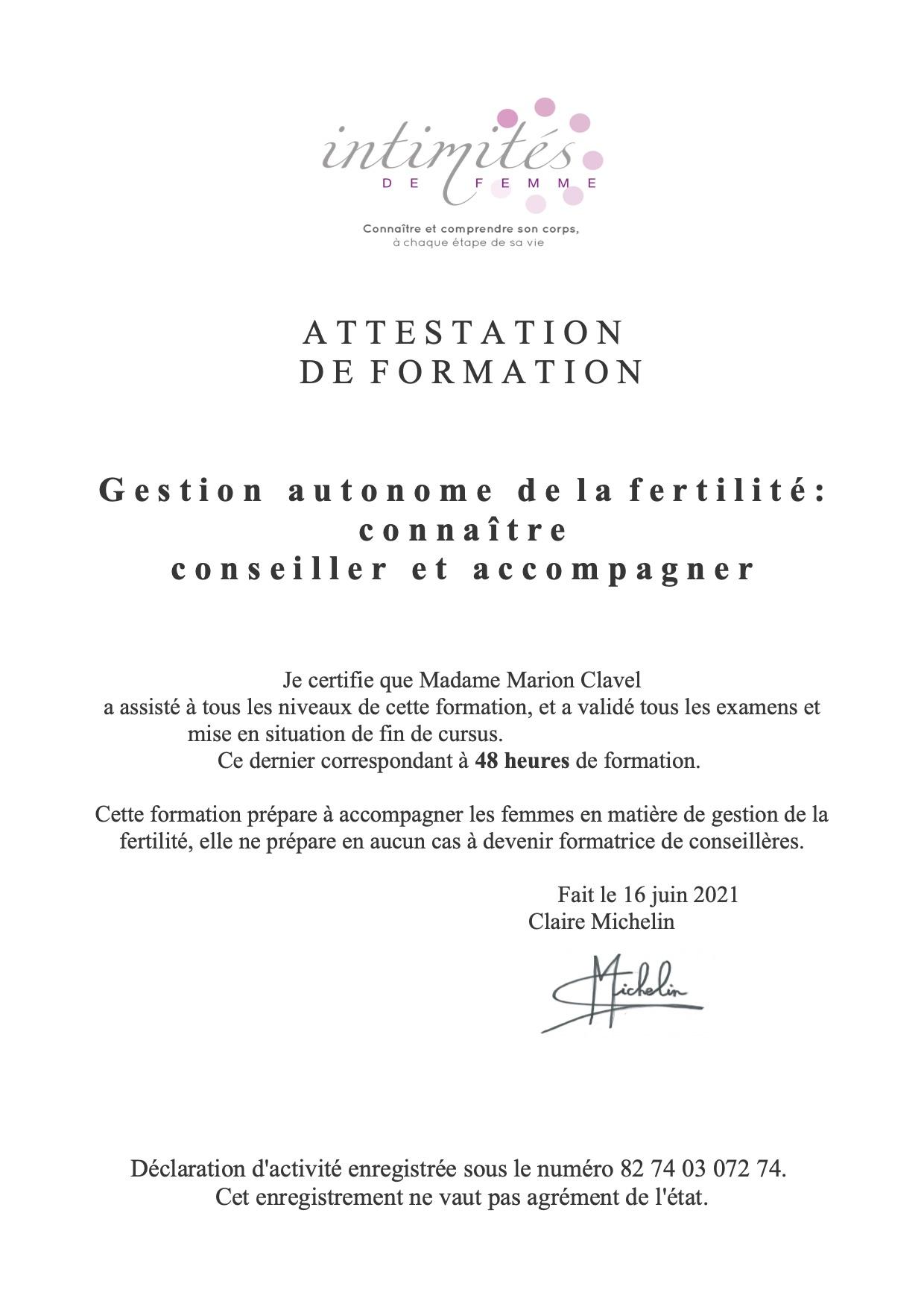 Attestation de formation marion clavel