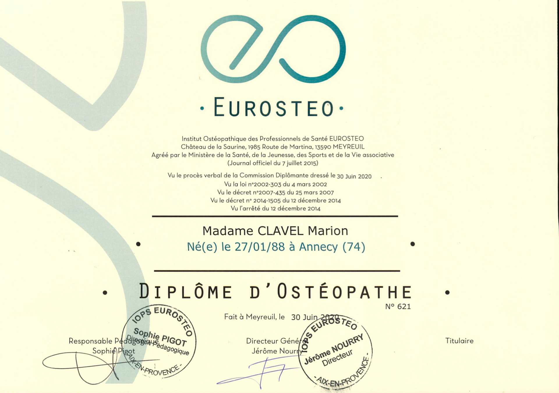 Diplome d osteopathie marion clavel